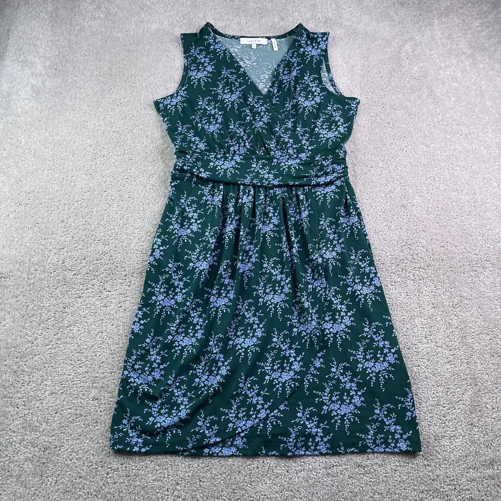 Lark and Ro Dress Womens 12 Green Floral Sleeveless Faux Wrap V Neck Knee Length